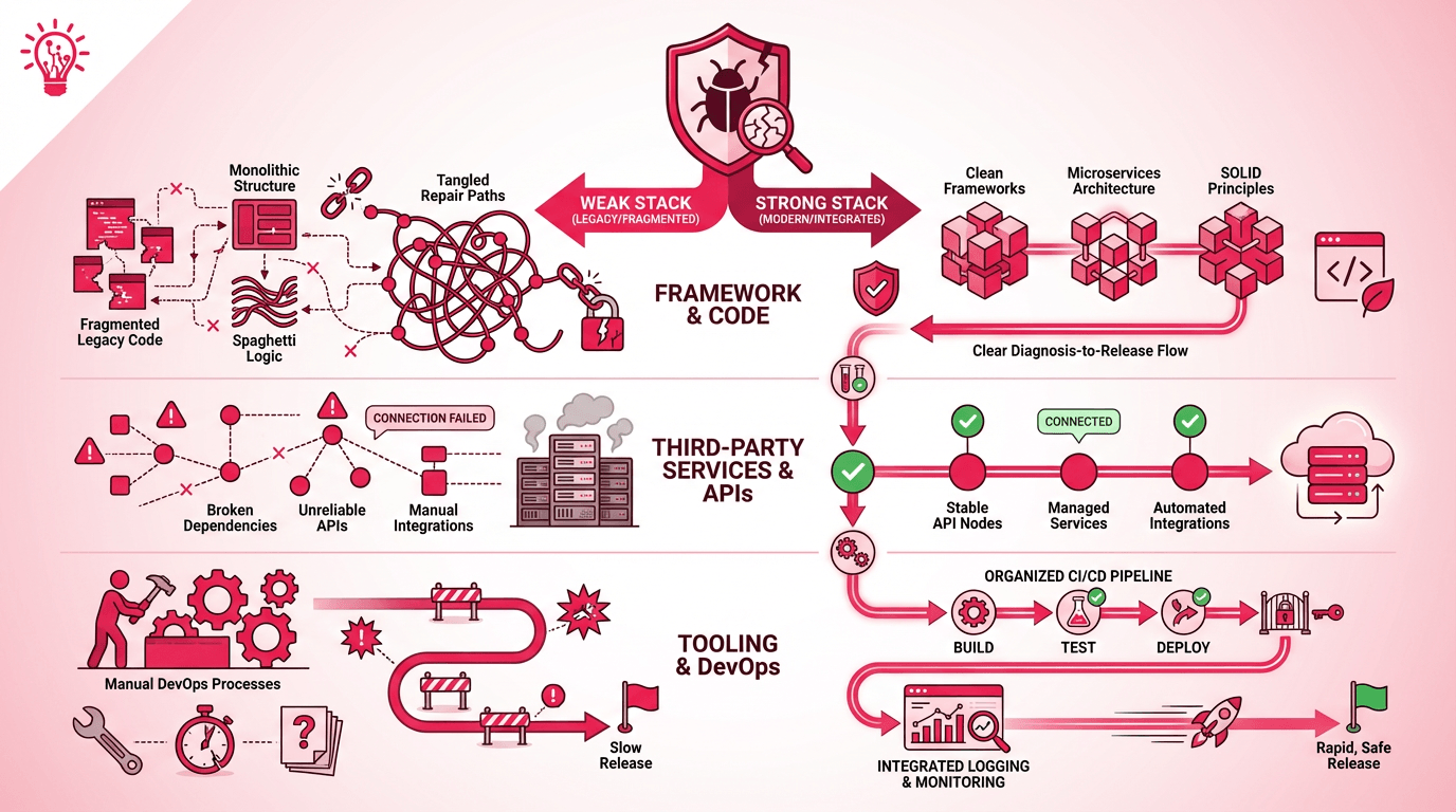 Diagram comparing weak and strong app stacks across code framework, third-party APIs, and DevOps processes, showing how better structure supports safer releases.
