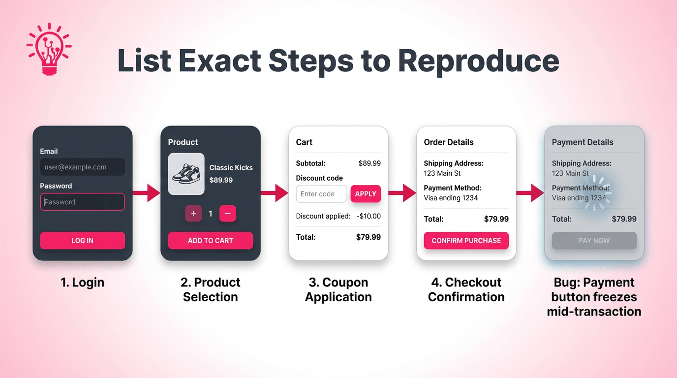 Process-style infographic showing the exact user steps that reproduce a broken checkout bug.
