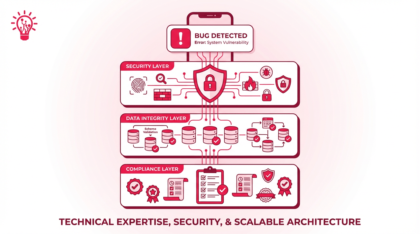 Layered security infographic showing a bug detected across security, data integrity, and compliance layers in a scalable app architecture.
