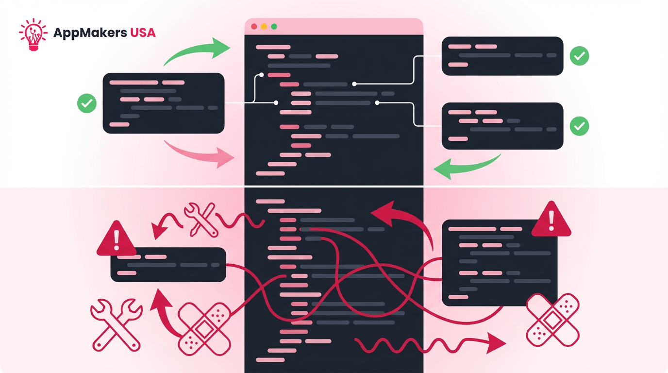 Comparison graphic showing modular, well-structured code with successful outcomes versus tangled code that leads to warnings, fixes, and instability.