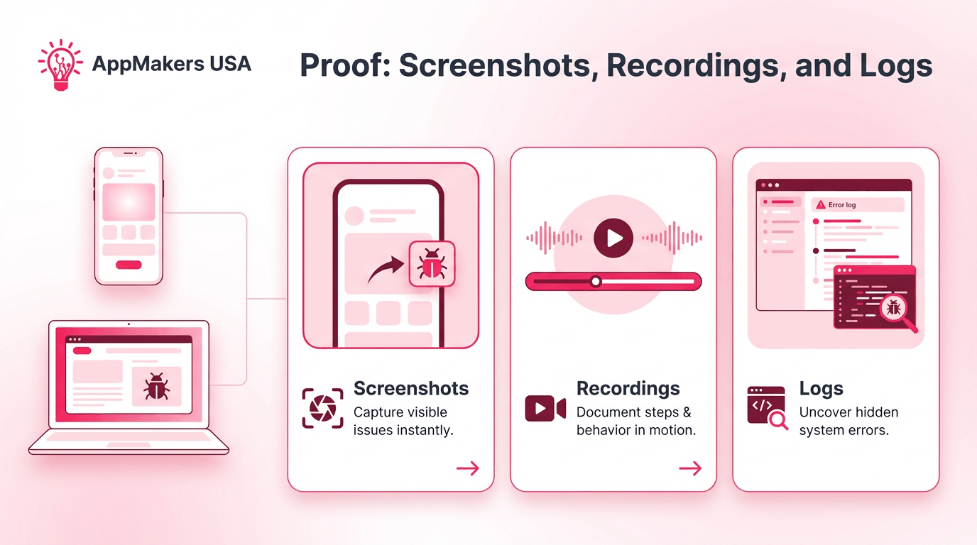 Blog image showing screenshots, screen recordings, and error logs as supporting proof in a bug report.
