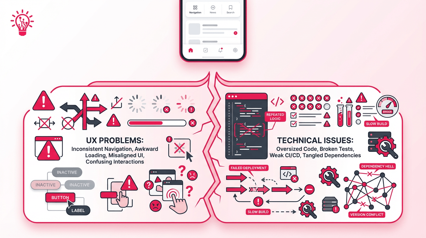 Split infographic showing UX problems on one side and technical issues on the other, connected to a mobile app interface above them.
