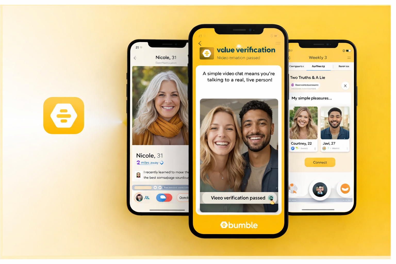 Bumble app icon beside three smartphones showing a user profile, video verification screen, and weekly match prompts in the Bumble dating app