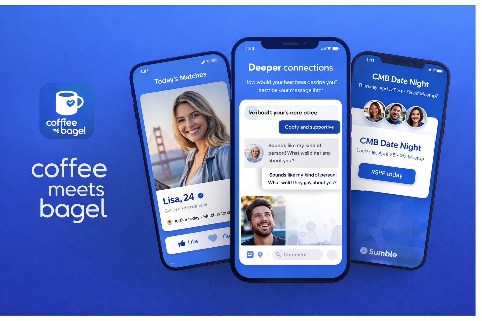 Coffee Meets Bagel logo beside three smartphones showing a daily match profile, a conversation prompt screen, and a CMB Date Night event in the app