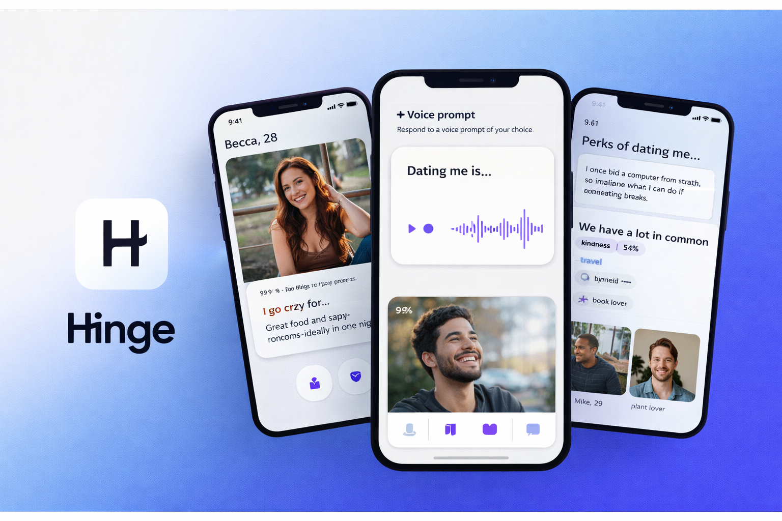 Hinge logo beside three smartphones showing a user profile, a voice prompt feature, and a compatibility breakdown screen in the Hinge dating app
