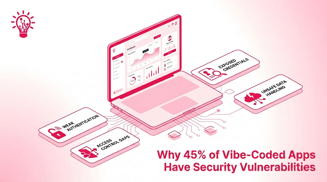 Illustrated laptop showing a polished app with subtle security risk panels for auth gaps, access control, exposed secrets, and fragile structure